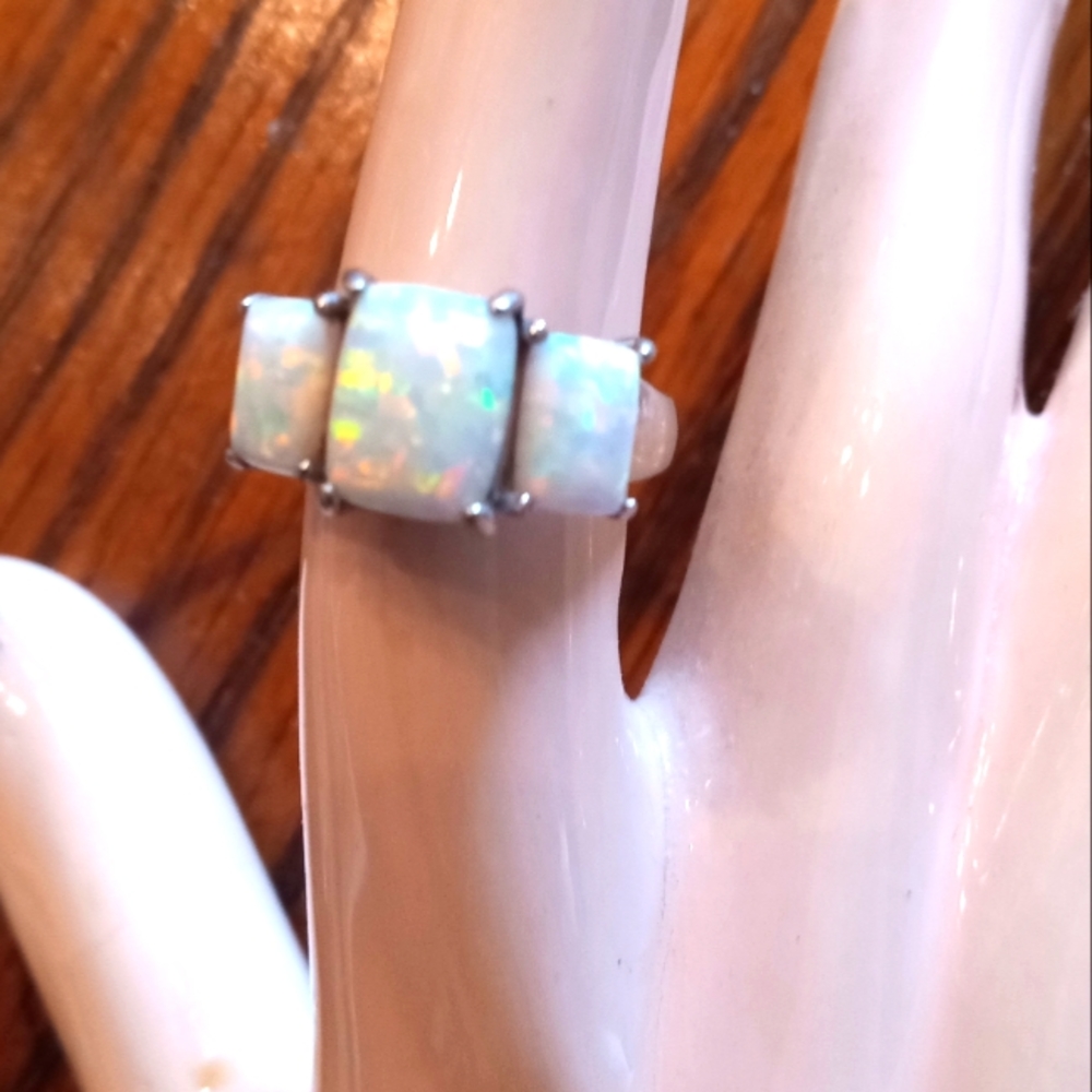 Beautiful Lab Created Opals Stainless Steel Ring, Size 5